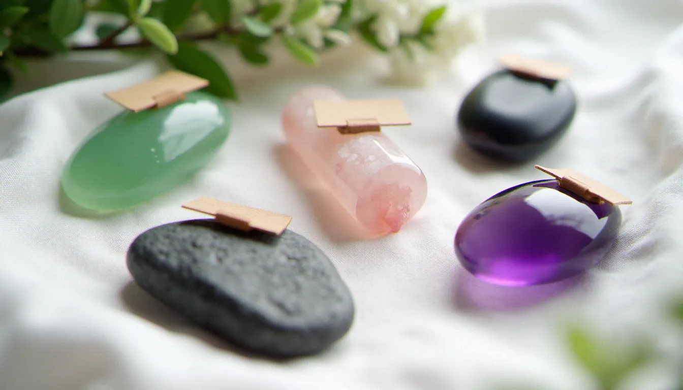 Collection de pierres naturelles utilisées en massage comparées côte à côte — jade néphrite, quartz rose, basalte et améthyste — sur fond de lin blanc