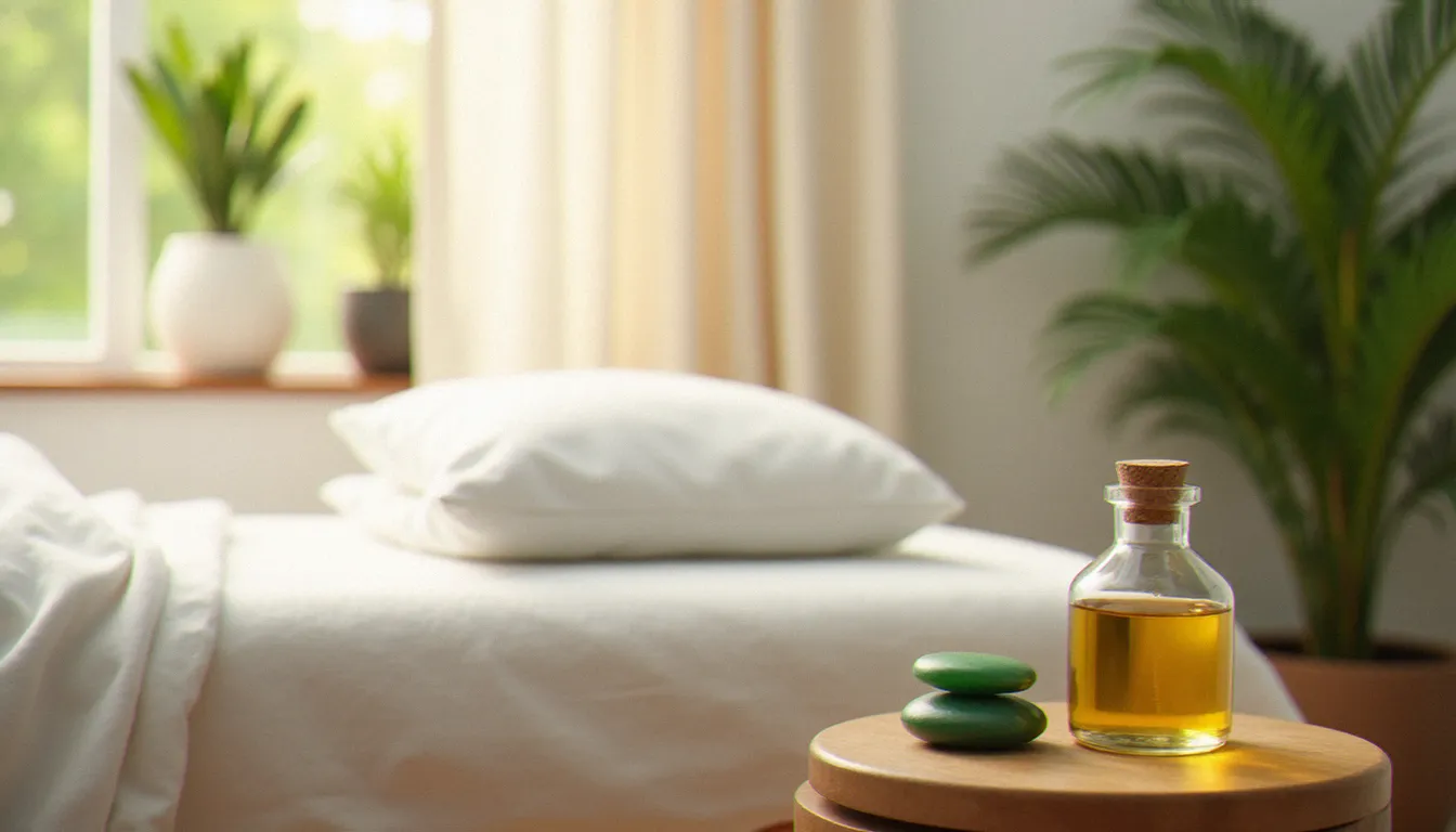 Salle de soin bien-être lumineuse avec table de massage, pierres de jade vertes et huile végétale dorée disposées sur une tablette en bois naturel