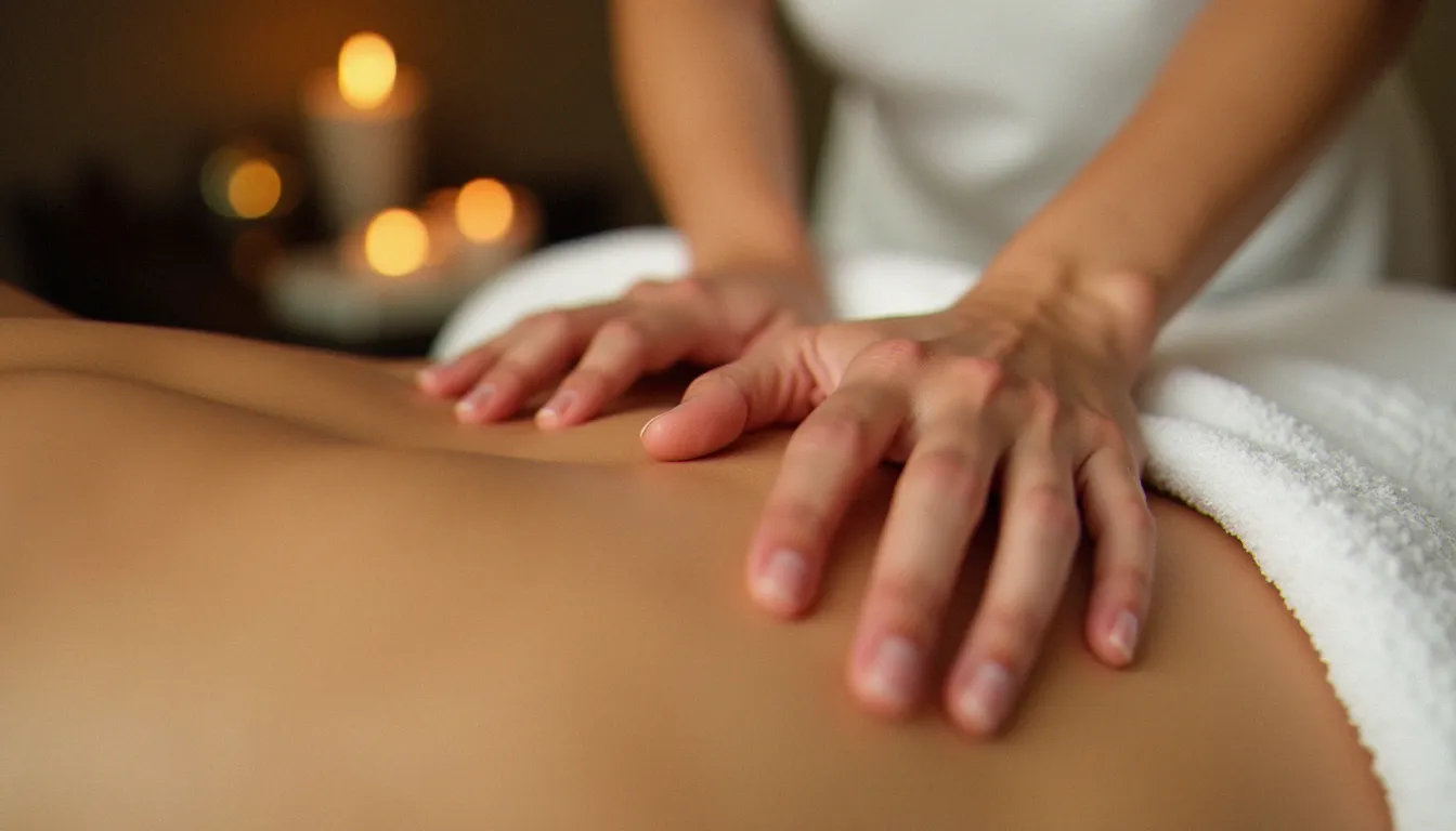 Gros plan sur les mains d'une masseuse effectuant un effleurage doux sur l'épaule d'une cliente détendue pendant un massage avec le corps