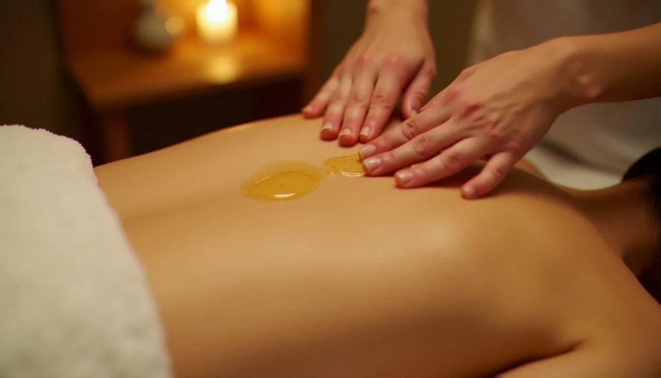 Gros plan sur des mains de praticienne réalisant des effleurages lents dans le cadre d'un massage avec le corps, huile végétale dorée sur la peau