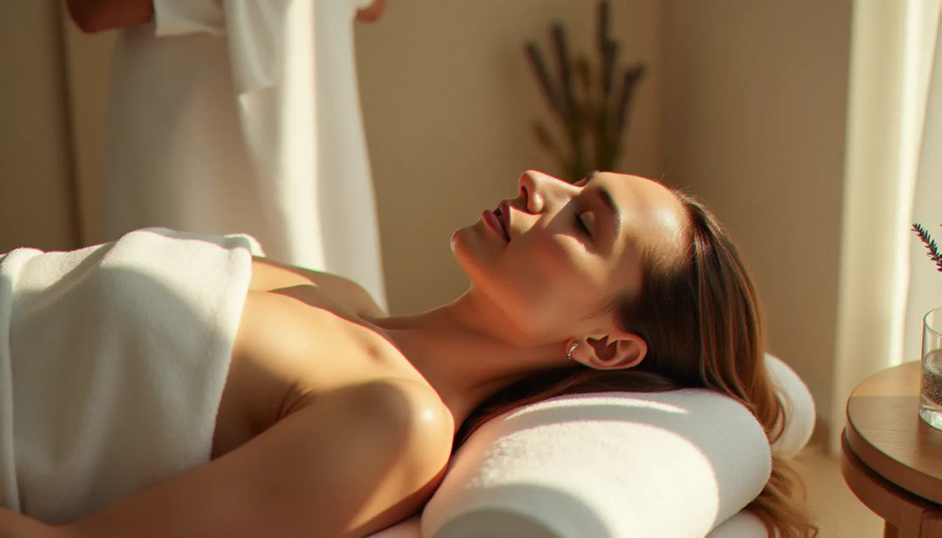 Une femme allongée en état de détente profonde sur une table de soin, visage serein et apaisé, dans un environnement propice au massage avec le corps à Vichy