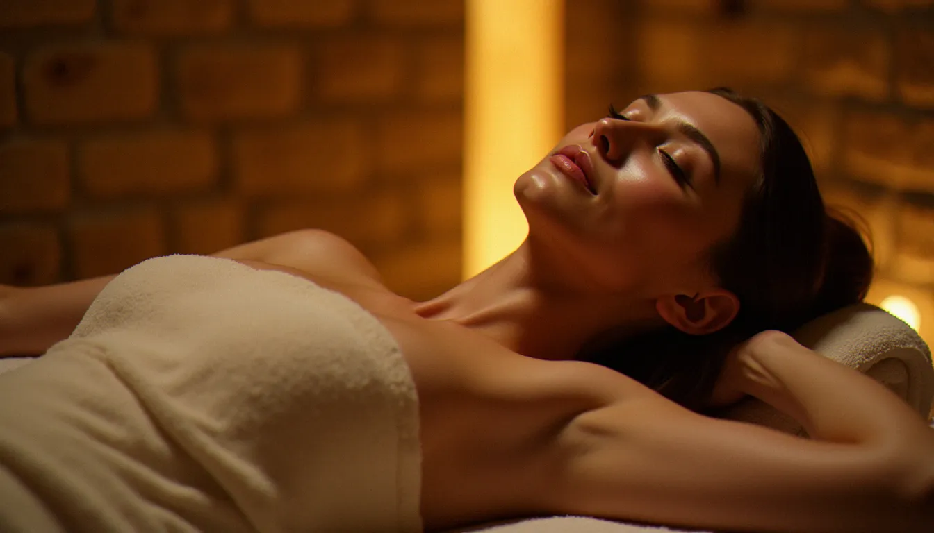 Femme allongée en état de relaxation profonde après une séance de massage avec le corps dans un espace thermal à Vichy, ambiance apaisante et lumière douce