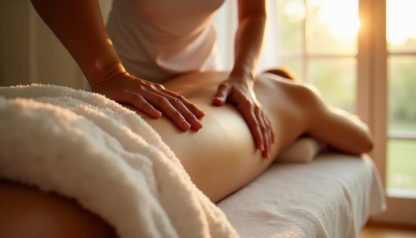Gros plan du pied d'un praticien exerçant une pression douce sur les lombaires d'un client lors d'une séance de massage avec les pieds