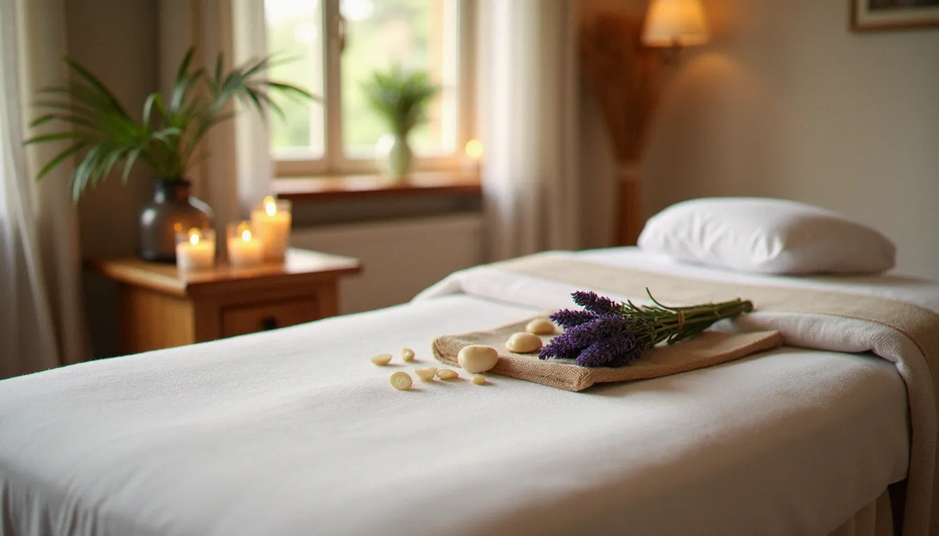 Cabine de massage bien-être préparée pour une séance dans un centre thermal français, ambiance douce et apaisante avec bougies et lavande