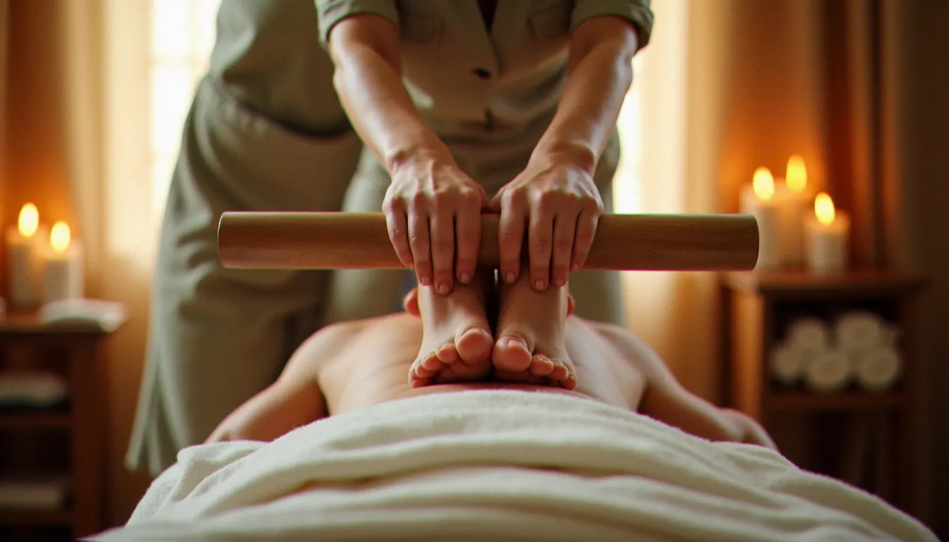 Praticienne réalisant un massage avec les pieds sur le dos d'une cliente allongée sur une table de massage dans un espace bien-être lumineux