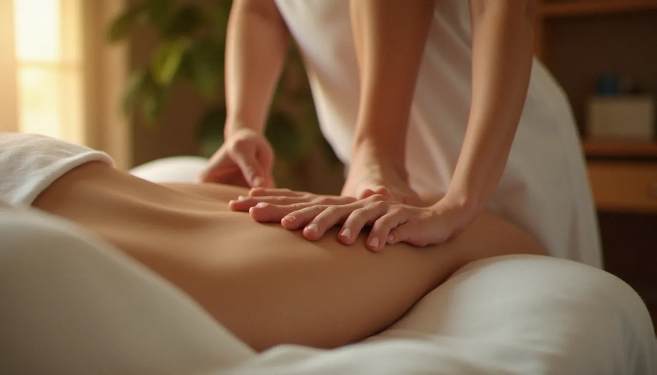 Gros plan des pieds d'un thérapeute exerçant une pression douce sur les lombaires d'un client lors d'un massage avec les pieds à Lyon
