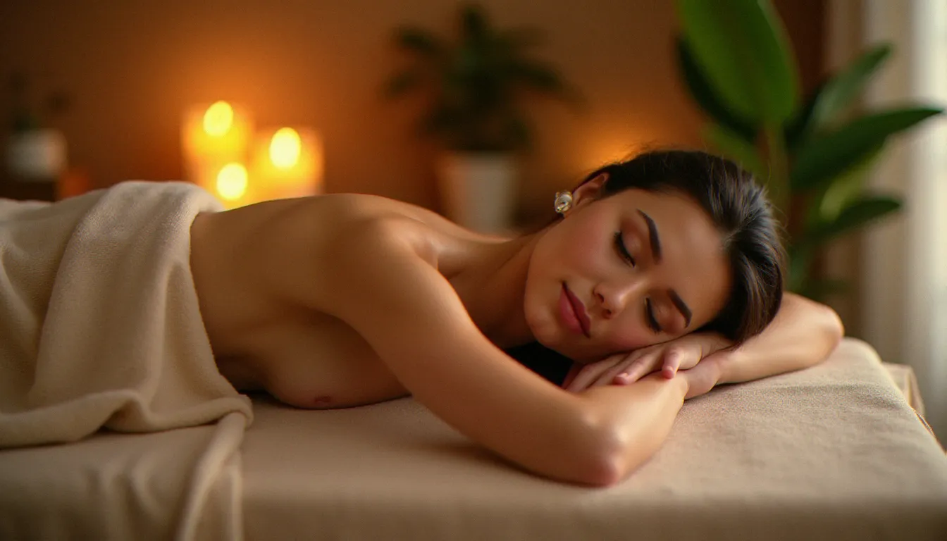 Personne en état de détente profonde sur une table de massage après un soin corporel, visage apaisé, ambiance lumineuse et cosy dans un studio bien-être