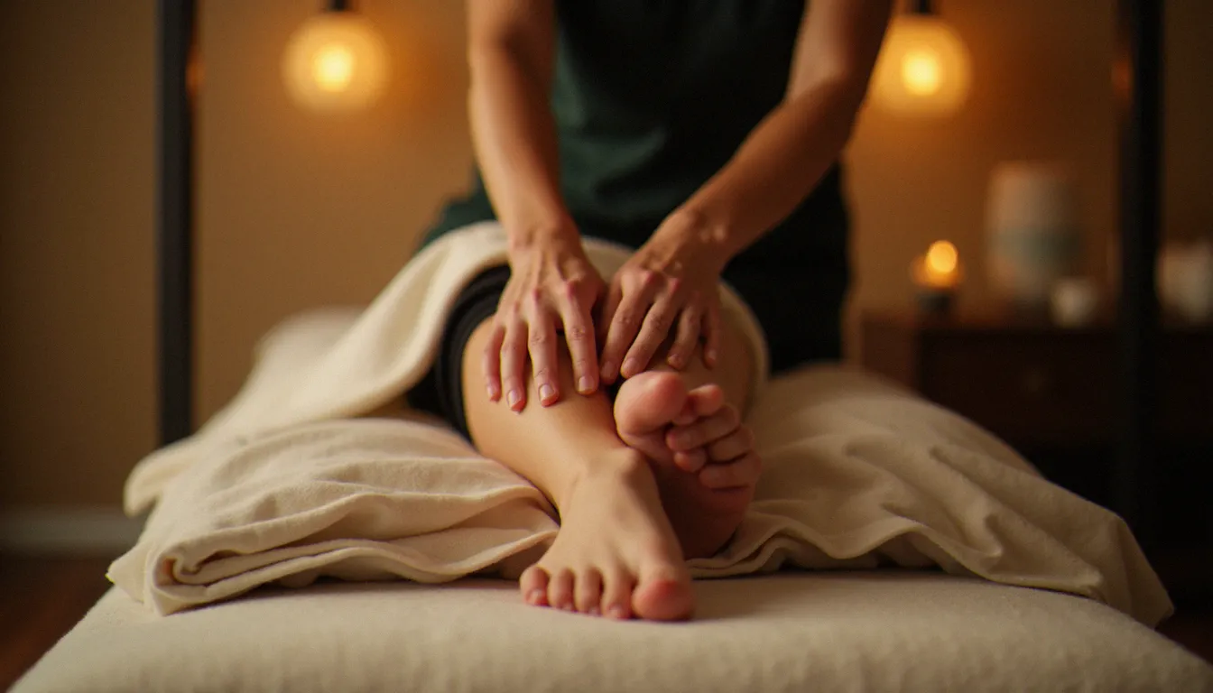 Praticienne réalisant un massage avec les pieds sur le dos d'une cliente allongée, s'appuyant sur des barres au plafond pour contrôler la pression