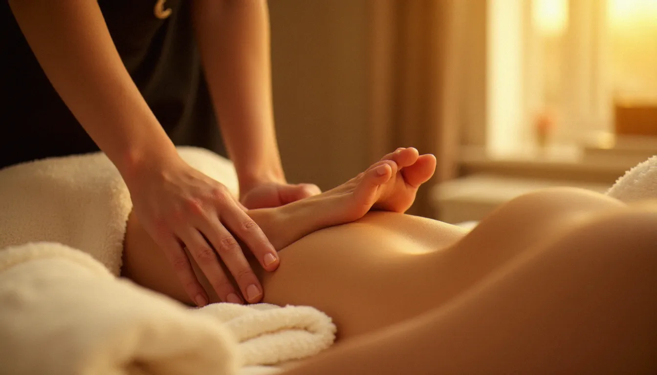 Gros plan des pieds d'un praticien en contact avec le dos d'un receveur lors d'un massage avec les pieds, éclairage doré et naturel, ambiance bien-être professionnelle