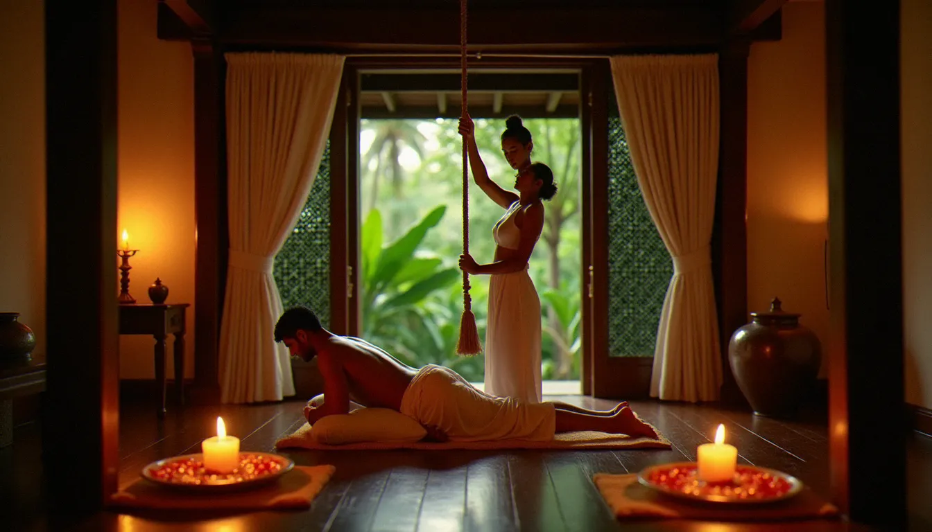 Séance de chavutti thirumal, technique ancestrale de massage avec les pieds d'origine kéralaise, praticien debout sur le dos huilé d'un receveur en tenant une corde, ambiance ayurvédique authentique et chaleureuse