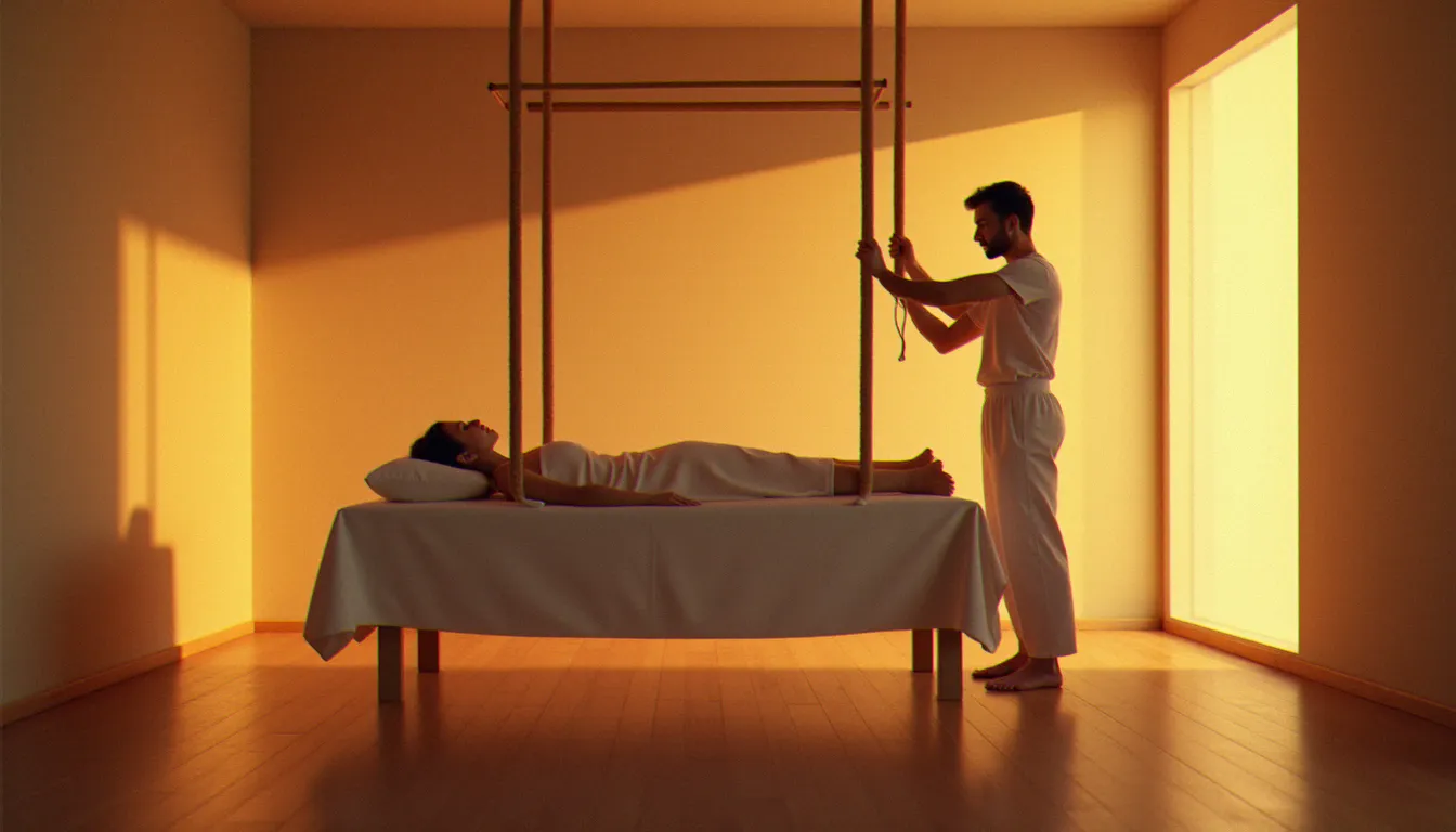 Praticienne réalisant un massage avec les pieds de type ashiatsu sur le dos d'une cliente allongée, s'appuyant sur des barres de soutien en bois, ambiance spa lumineuse et apaisante