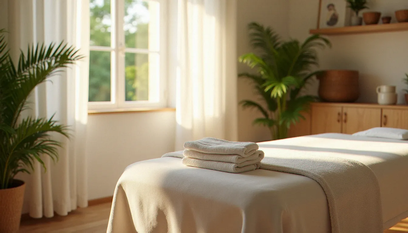 Espace bien-être préparé pour une séance de massage podal à Vichy, table de massage avec barres de soutien au plafond et huiles naturelles