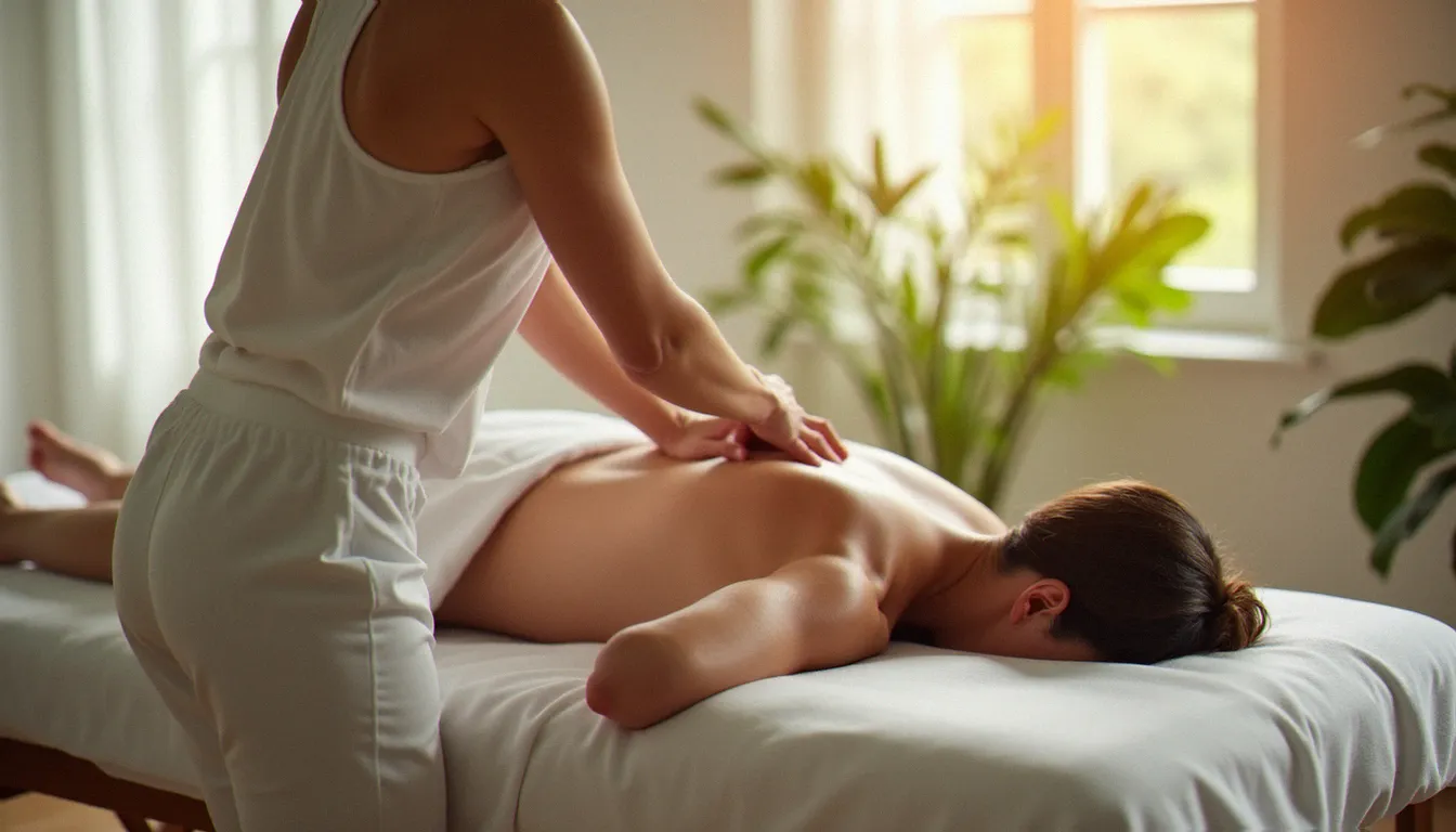 Praticienne effectuant un massage avec les pieds sur le dos d'une cliente allongée sur une table de massage, studio bien-être lumineux à Vichy