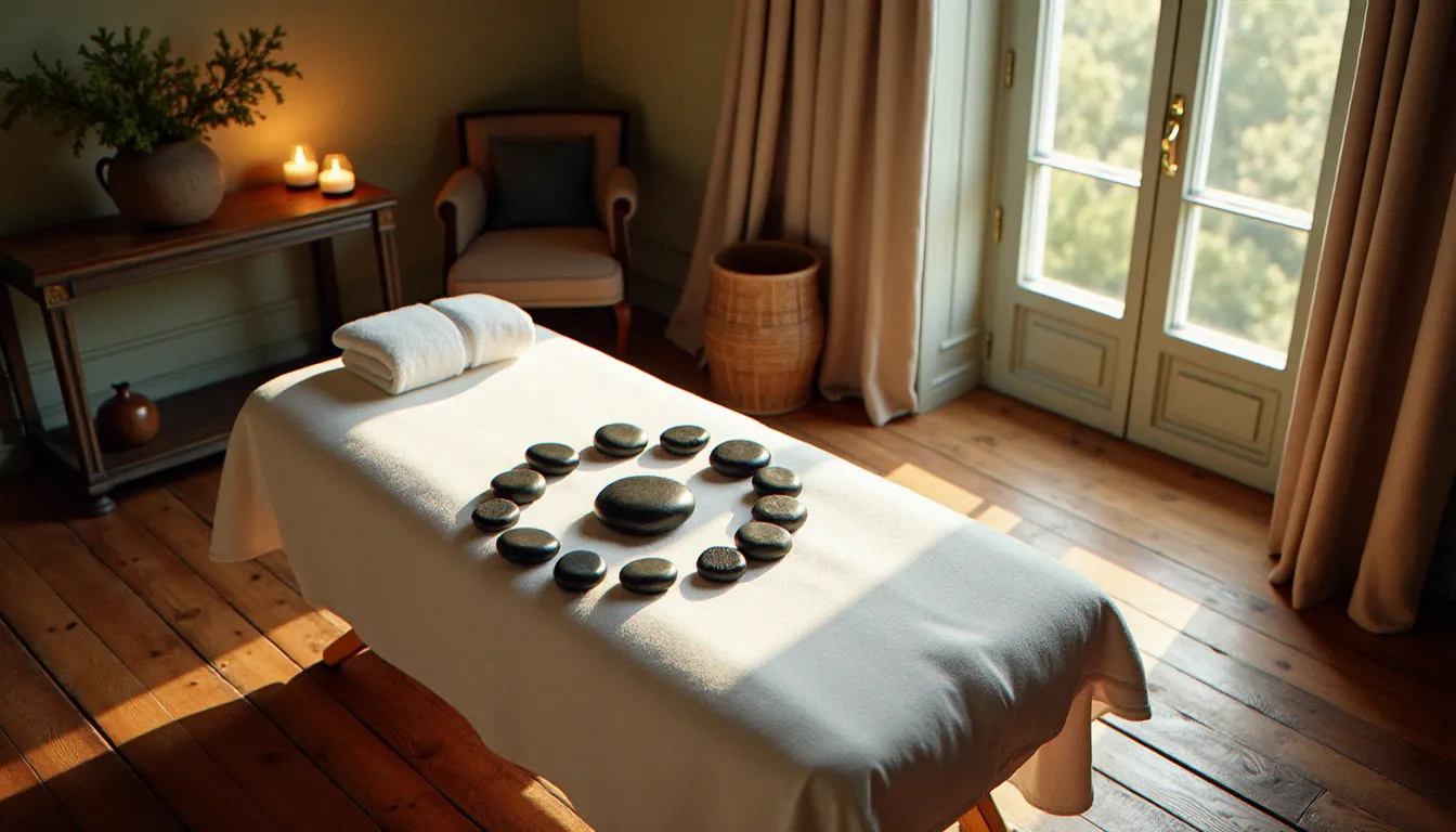 Vue aérienne d'une salle de soin bien-être dans un cadre élégant à la française, table de massage préparée avec pierres chaudes et serviettes blanches, lumière naturelle en arrière-plan