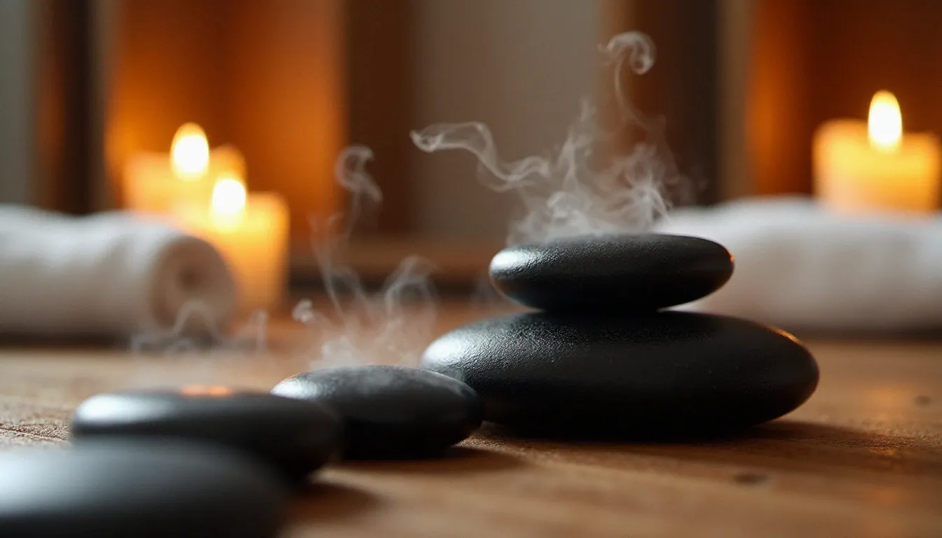 Pierres de basalte chaudes alignées sur une table de massage en bois, vapeur légère visible, dans un espace de soin bien-être illustrant le massage avec pierre chaude