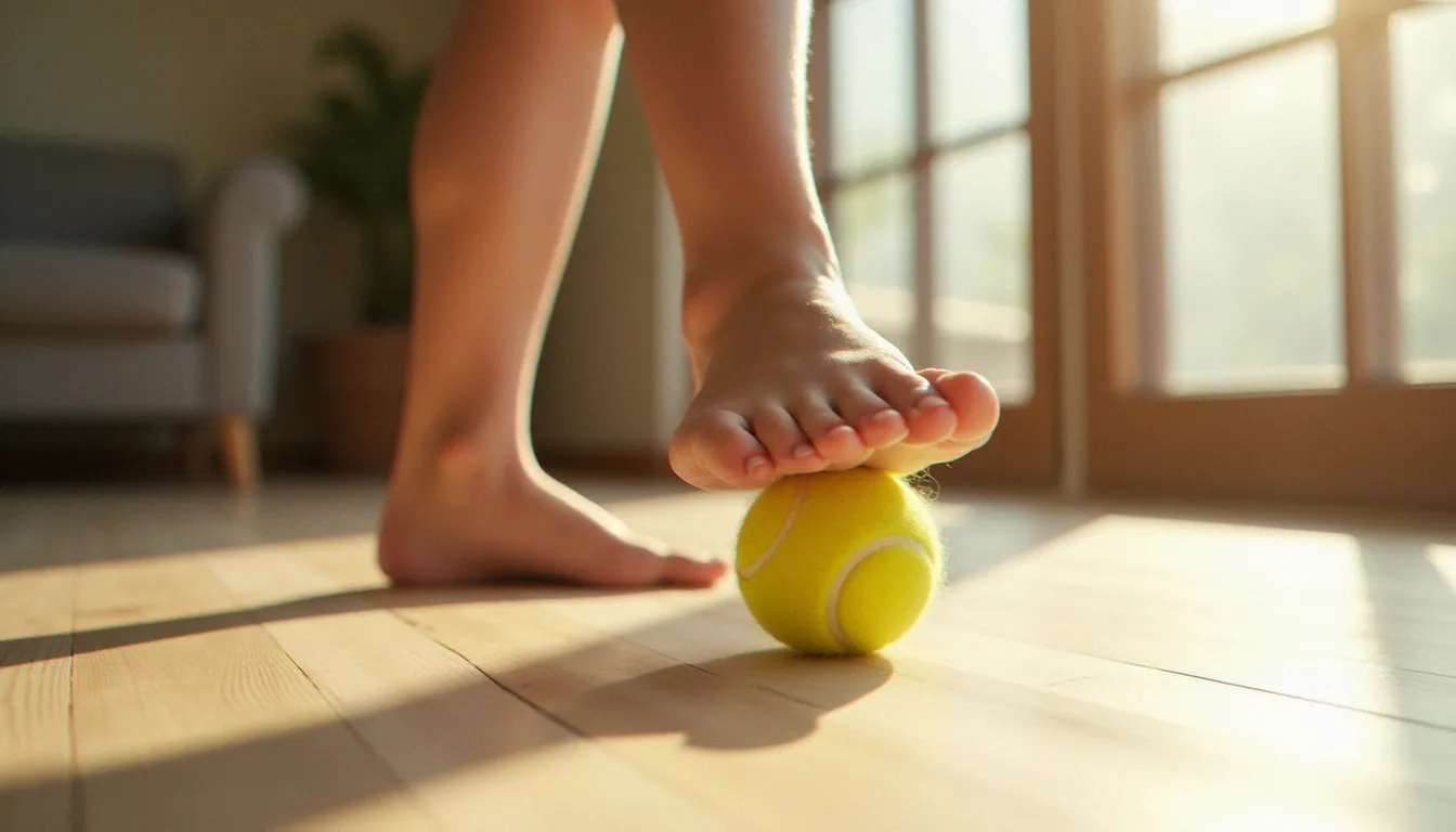 Gros plan d'un pied nu exerçant une pression sur une balle de tennis posée sur un parquet clair, technique de massage de la voûte plantaire en auto-massage