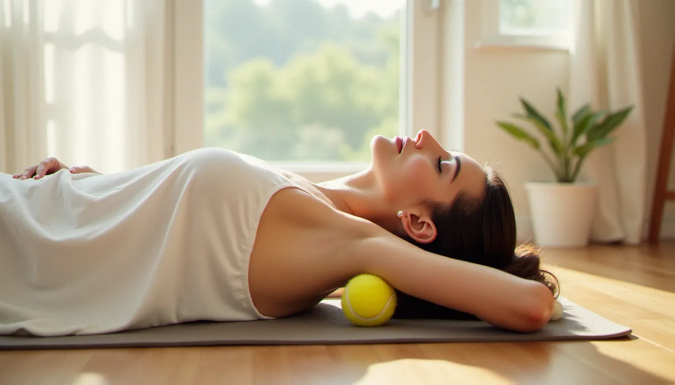 Une femme allongée sur un tapis de yoga pratique un massage avec une balle de tennis entre l'omoplate et la colonne vertébrale, expression apaisée, lumière naturelle douce