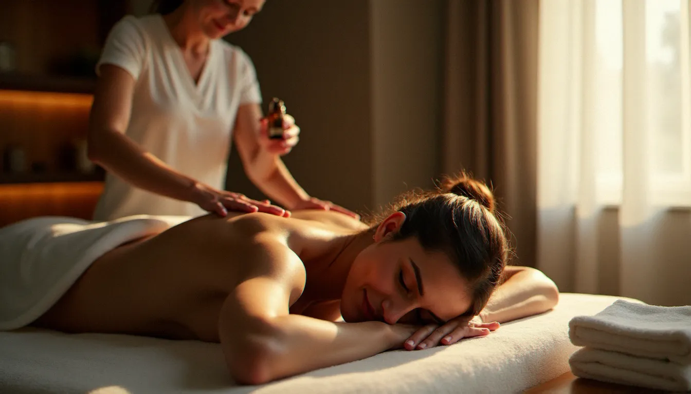 Cliente allongée sur une table de massage recevant une application d'huile essentielle sur les épaules dans un institut bien-être