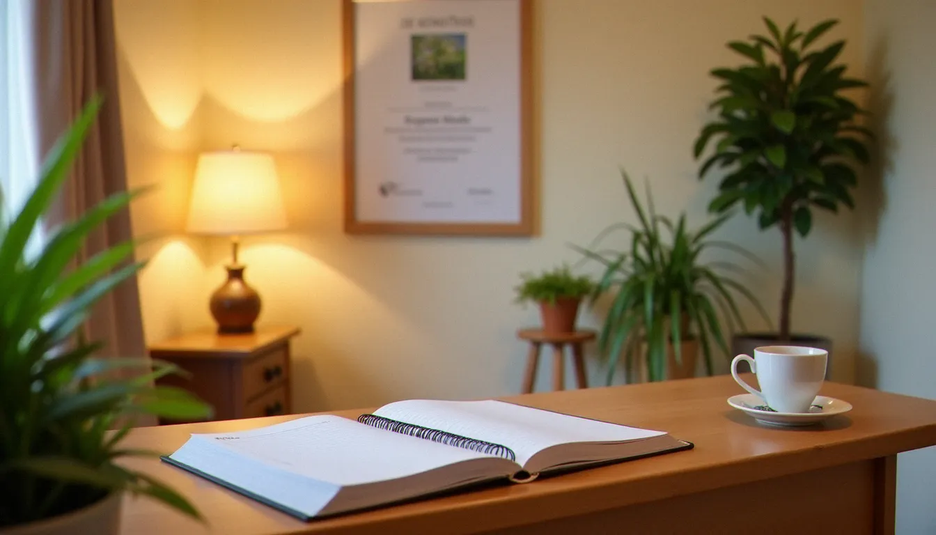 Espace d'accueil chaleureux et professionnel d'un cabinet de massage à Bellerive-sur-Allier, avec bureau en bois, diplômes encadrés et plantes vertes créant une atmosphère de confiance