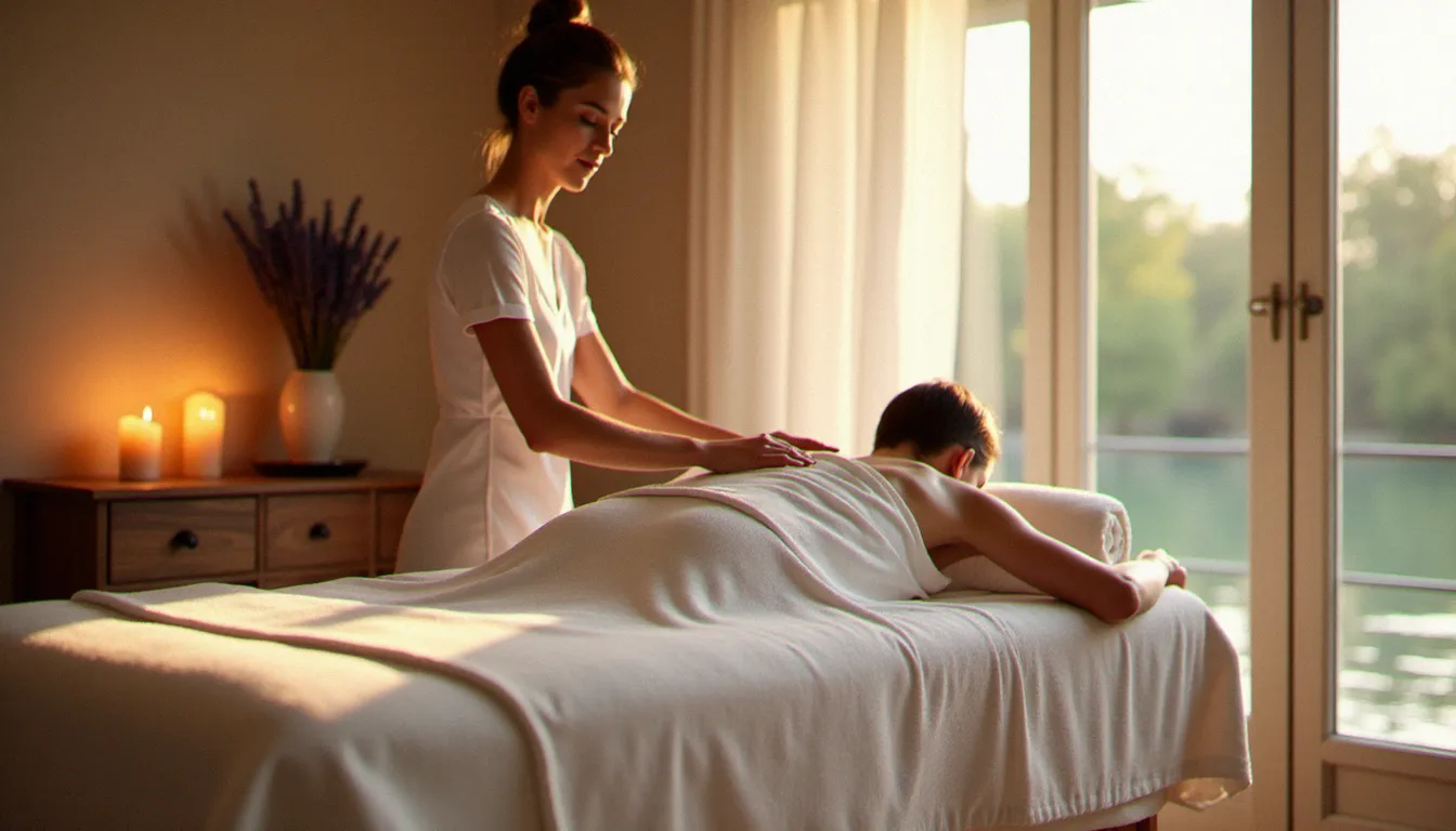 Séance de massage à Bellerive-sur-Allier dans un espace bien-être lumineux avec table blanche, lumière naturelle tamisée et ambiance apaisante au bord de l'Allier