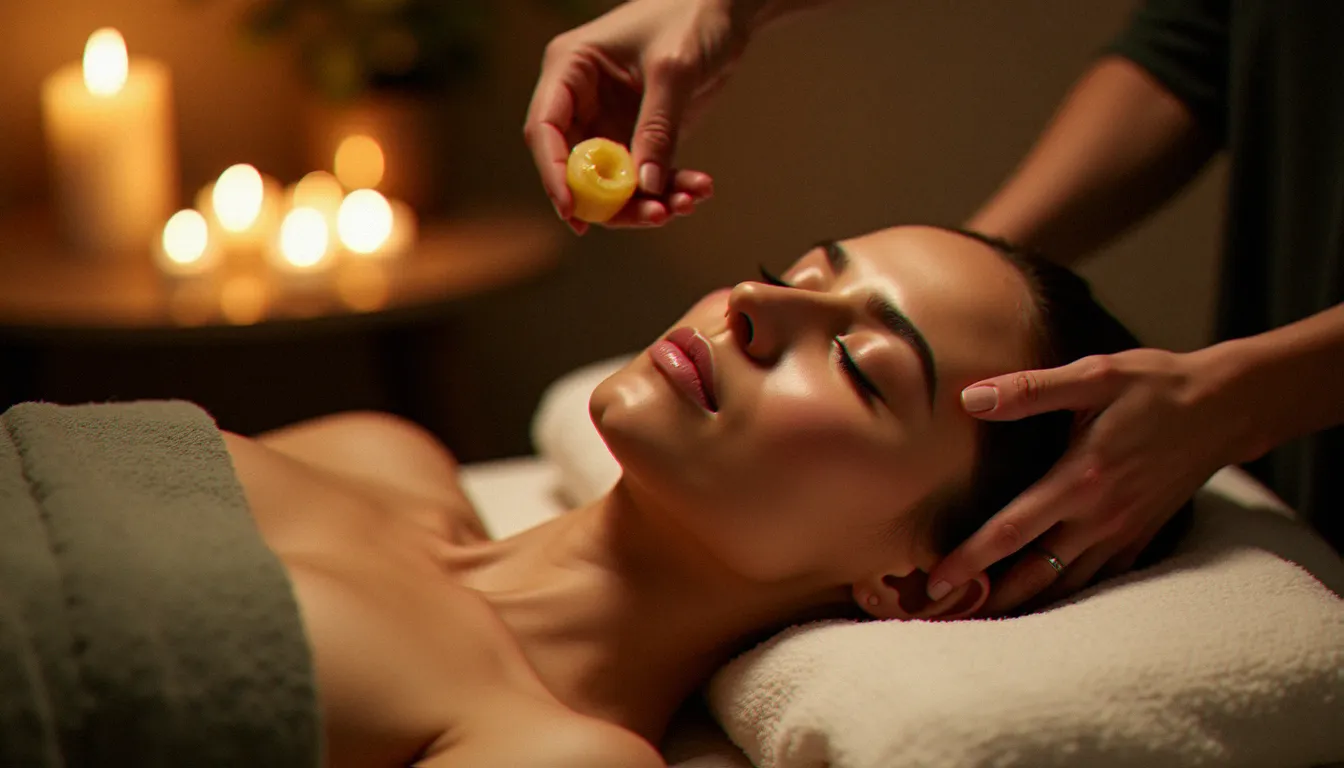 Cliente en état de relaxation profonde lors d'un massage crânien avec huile de coco bio, ambiance lumineuse douce et apaisante