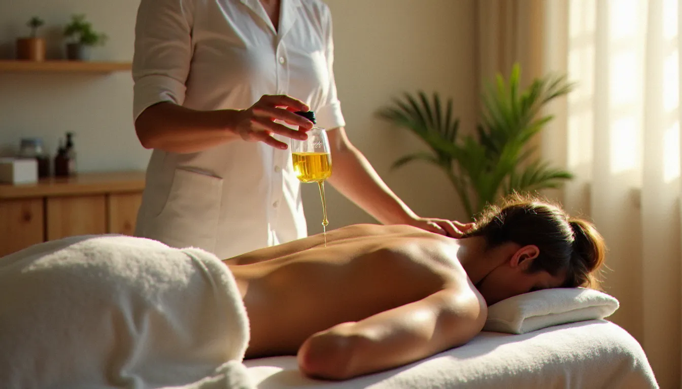 Praticienne versant une huile végétale bio dorée sur le dos d'une cliente lors d'un massage bio, lumière naturelle douce dans un cabinet épuré