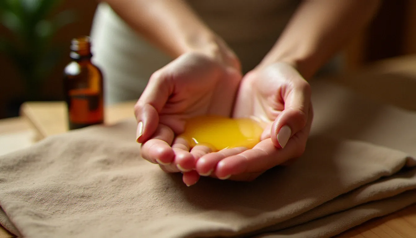 Mains d'une praticienne réchauffant de l'huile de massage végétale entre ses paumes avant une séance de massage du dos