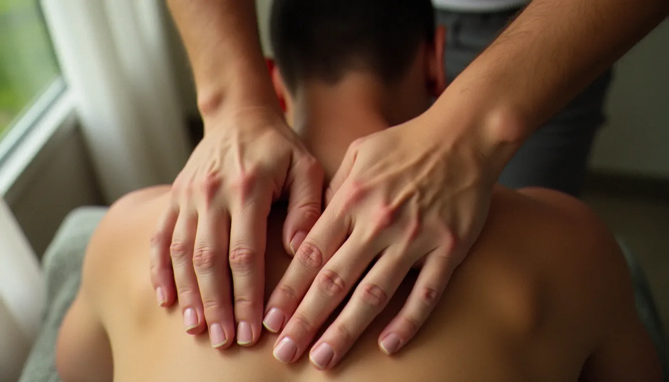 Gros plan des mains d'une praticienne réalisant un pétrissage profond des muscles trapèzes sur le dos d'une personne, technique massage comment faire dos