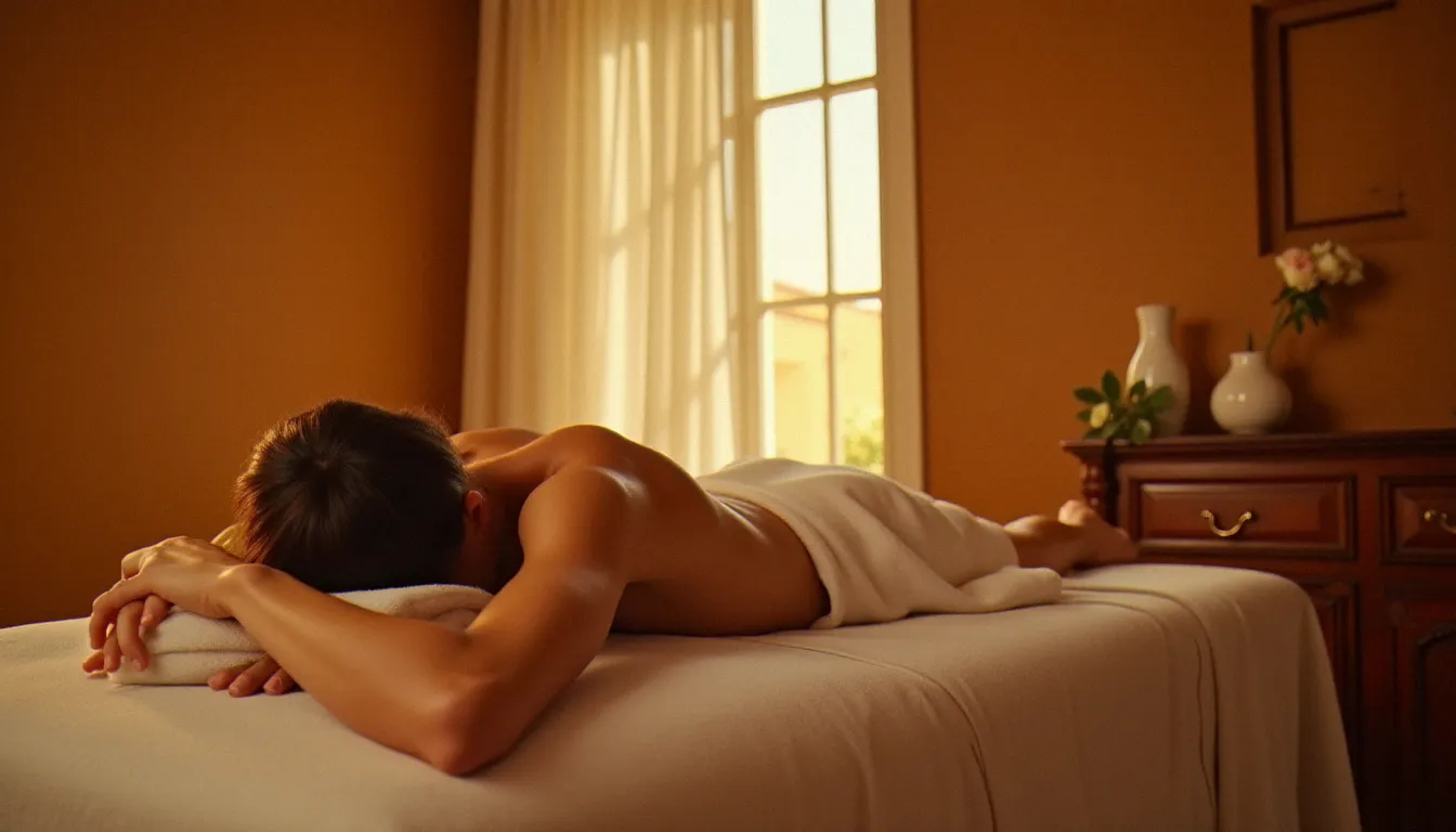 Friction circulaire appliquée sur les rhomboïdes entre les omoplates dans un salon de massage au décor élégant, technique adaptée à la zone thoracique du dos