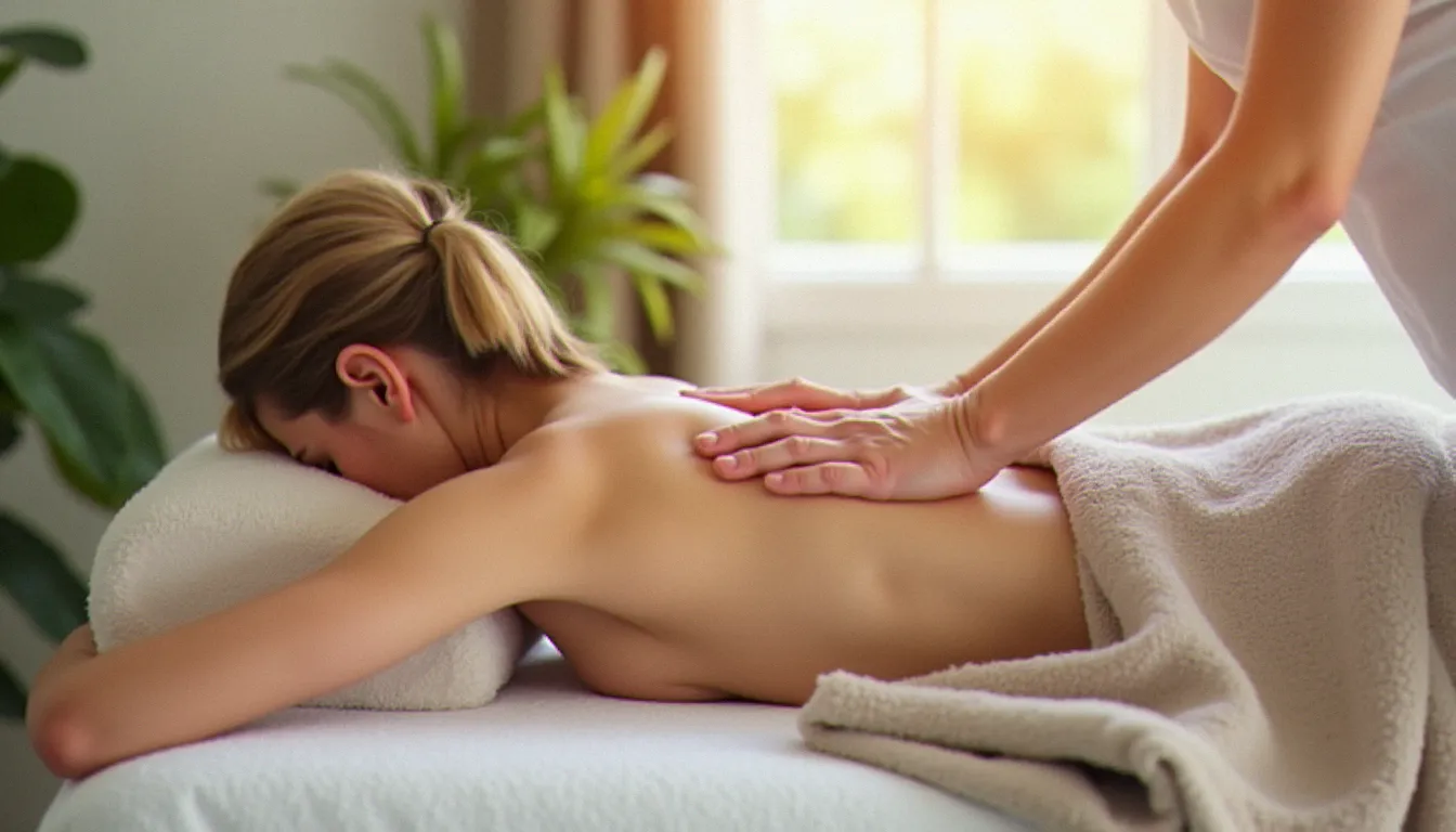 Praticienne réalisant un massage du dos sur une cliente allongée sur une table de massage dans un cabinet bien-être lumineux et apaisant