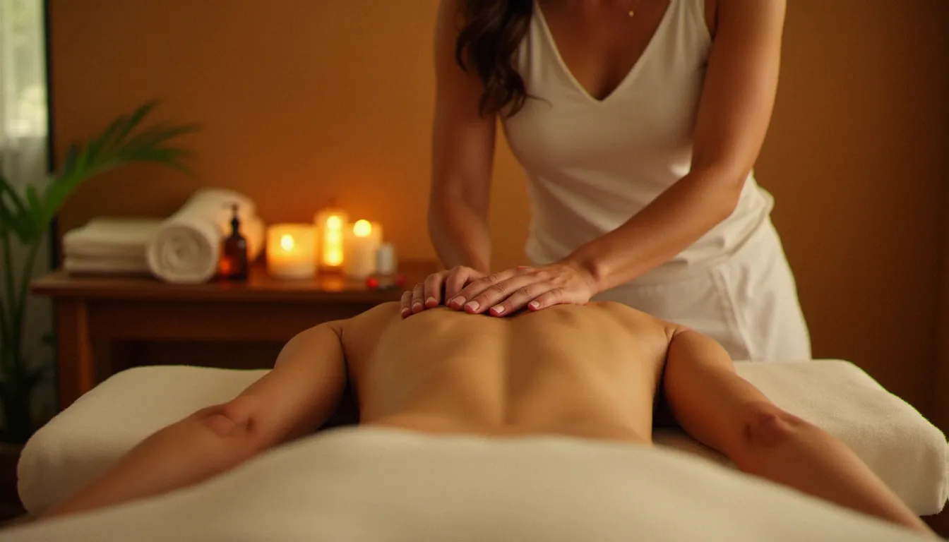 Praticienne effectuant un massage du dos sur une table de massage, technique d'effleurage de part et d'autre de la colonne vertébrale, éclairage doux et chaleureux