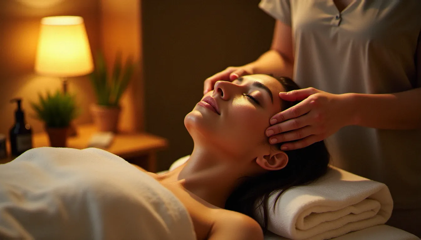 Femme allongée sur une table de soin recevant un massage facial holistique incluant un drainage des sinus, dans un cabinet bien-être à l'ambiance chaleureuse et professionnelle