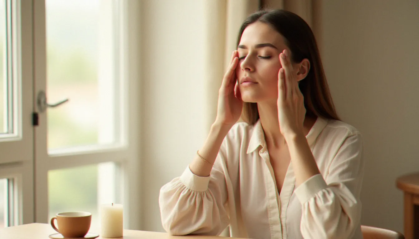 Femme pratiquant un massage des sinus maxillaires en appliquant une pression douce sur les pommettes, les yeux fermés dans une ambiance matinale apaisante