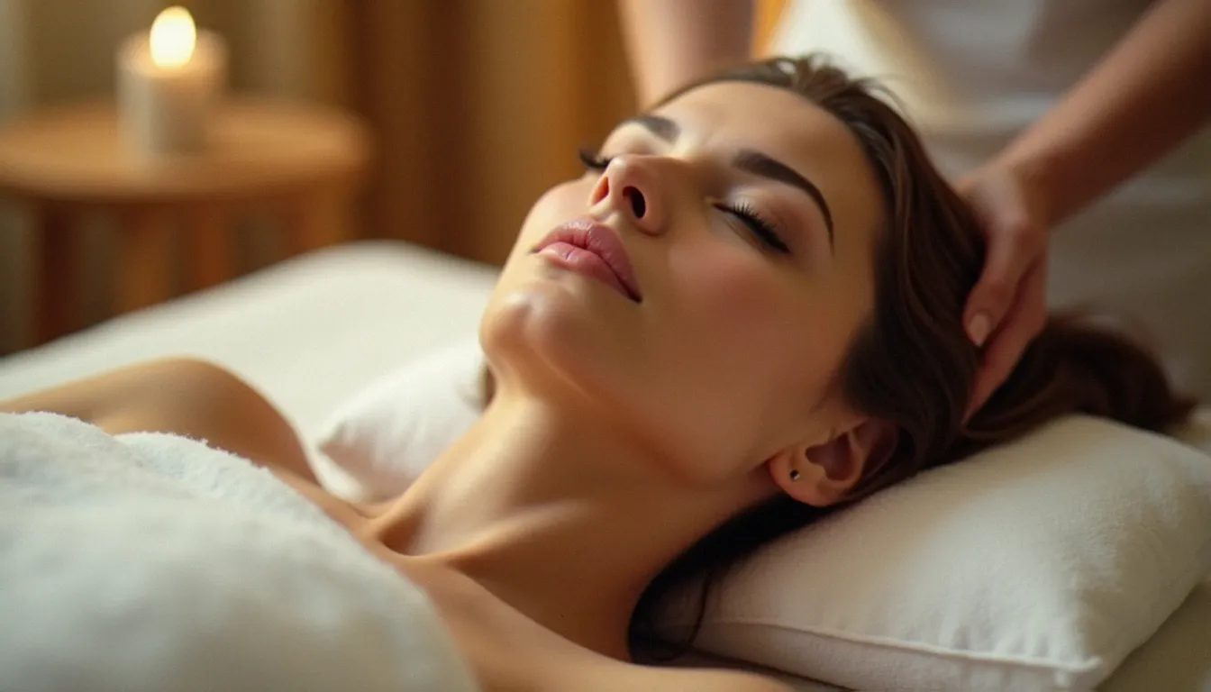 Visage apaisé d'une femme en séance de massage, les yeux fermés, exprimant la détente profonde obtenue par l'effet du massage sur le système nerveux
