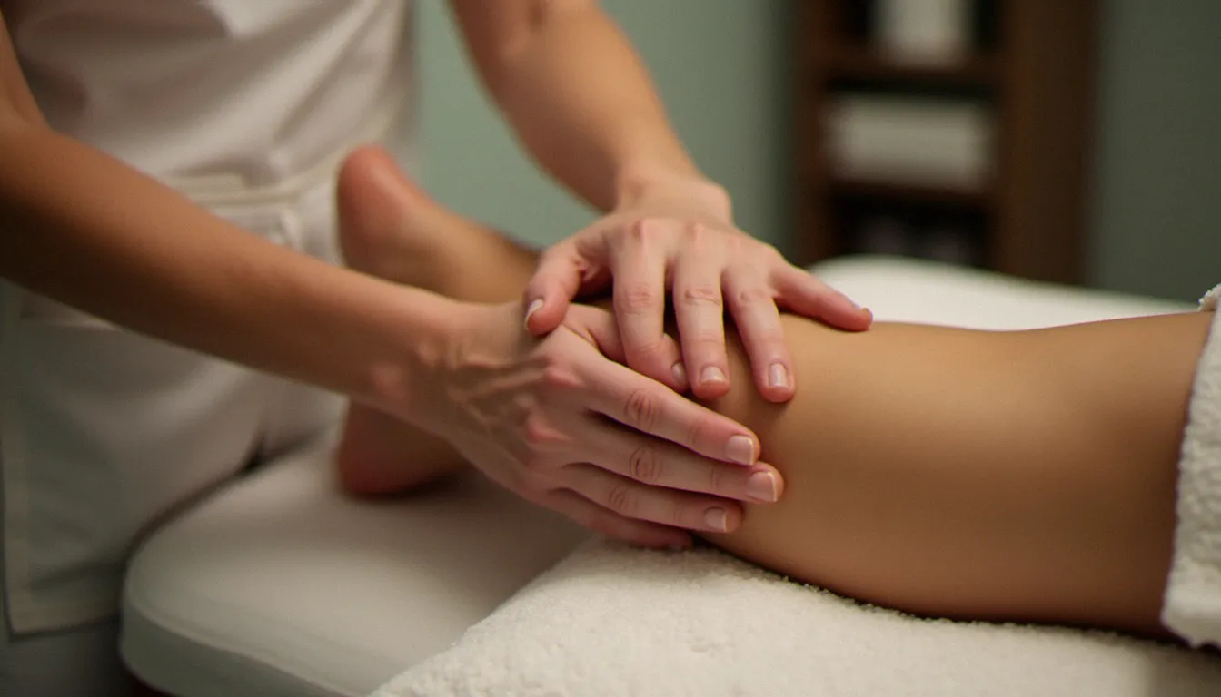 Praticienne effectuant un drainage lymphatique sur les jambes d'une patiente, démontrant l'effet du massage sur la circulation sanguine et lymphatique