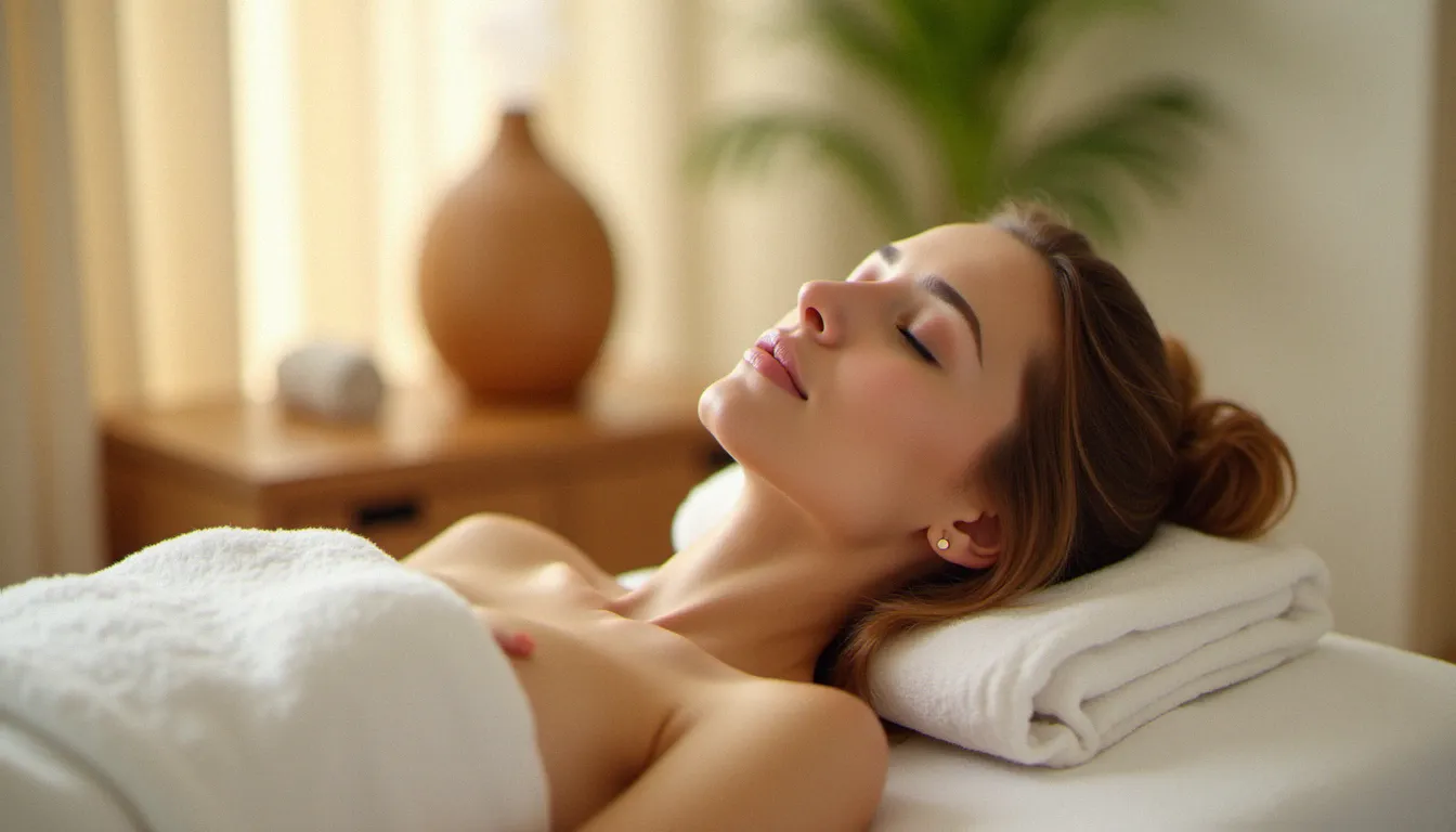 Femme détendue après un massage bien-être, illustrant l'effet du massage sur le sommeil, l'humeur et l'équilibre émotionnel