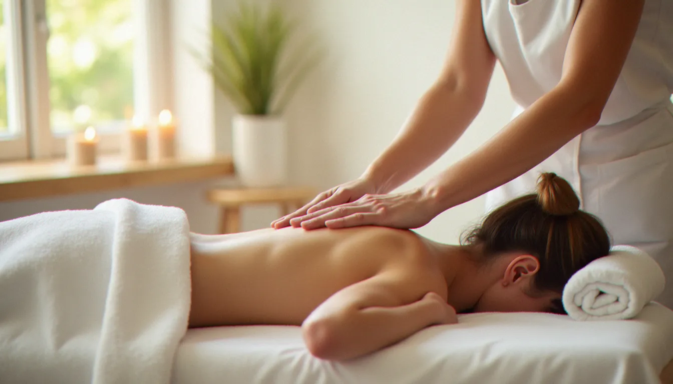 Praticienne réalisant un massage sur le dos d'une cliente allongée, illustrant les effets du massage sur le corps dans un cabinet bien-être lumineux