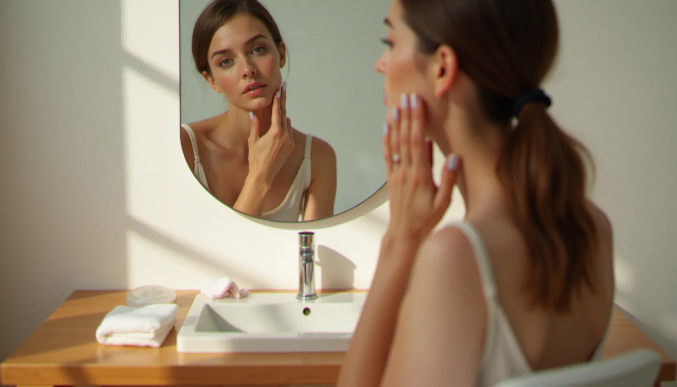 Femme appliquant de l'huile végétale sur le cou et le menton avant un massage drainant, reflet dans un miroir en bois