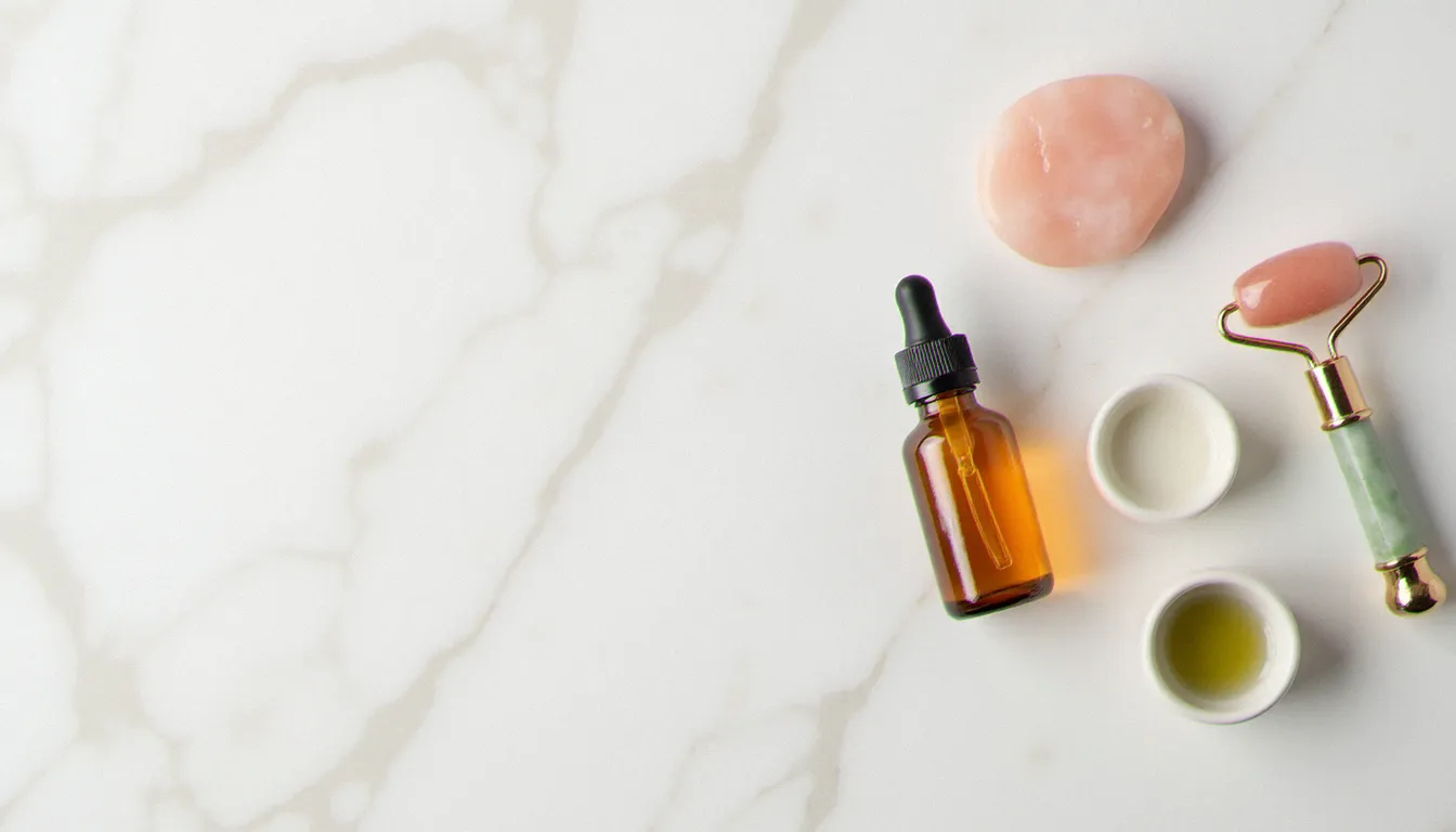 Outils de massage visage posés sur marbre blanc — gua sha en quartz rose, rouleau de jade et huile végétale pour masser le double menton