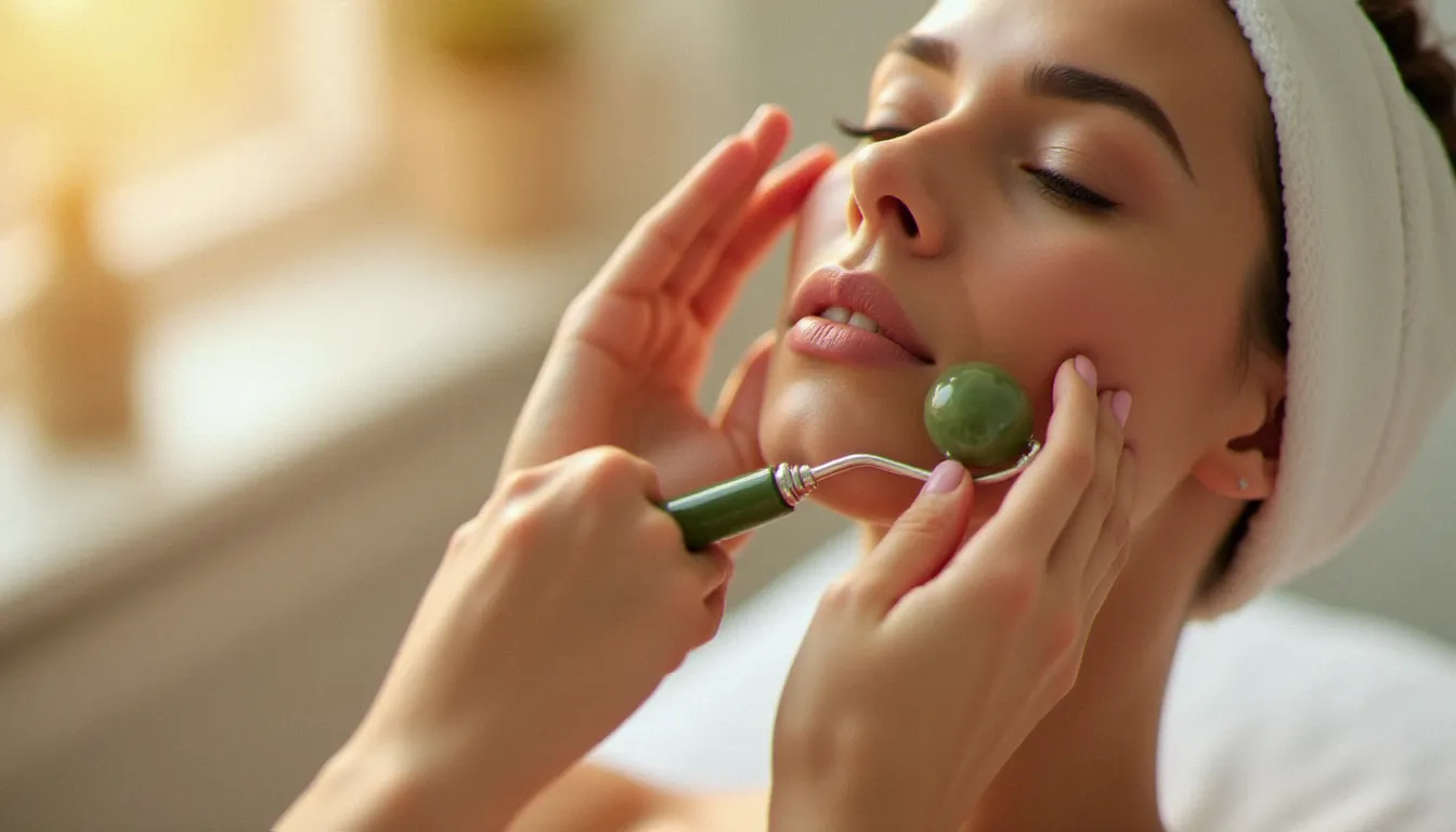 Femme pratiquant un massage efficace double menton avec un rouleau de jade, lumière naturelle du matin