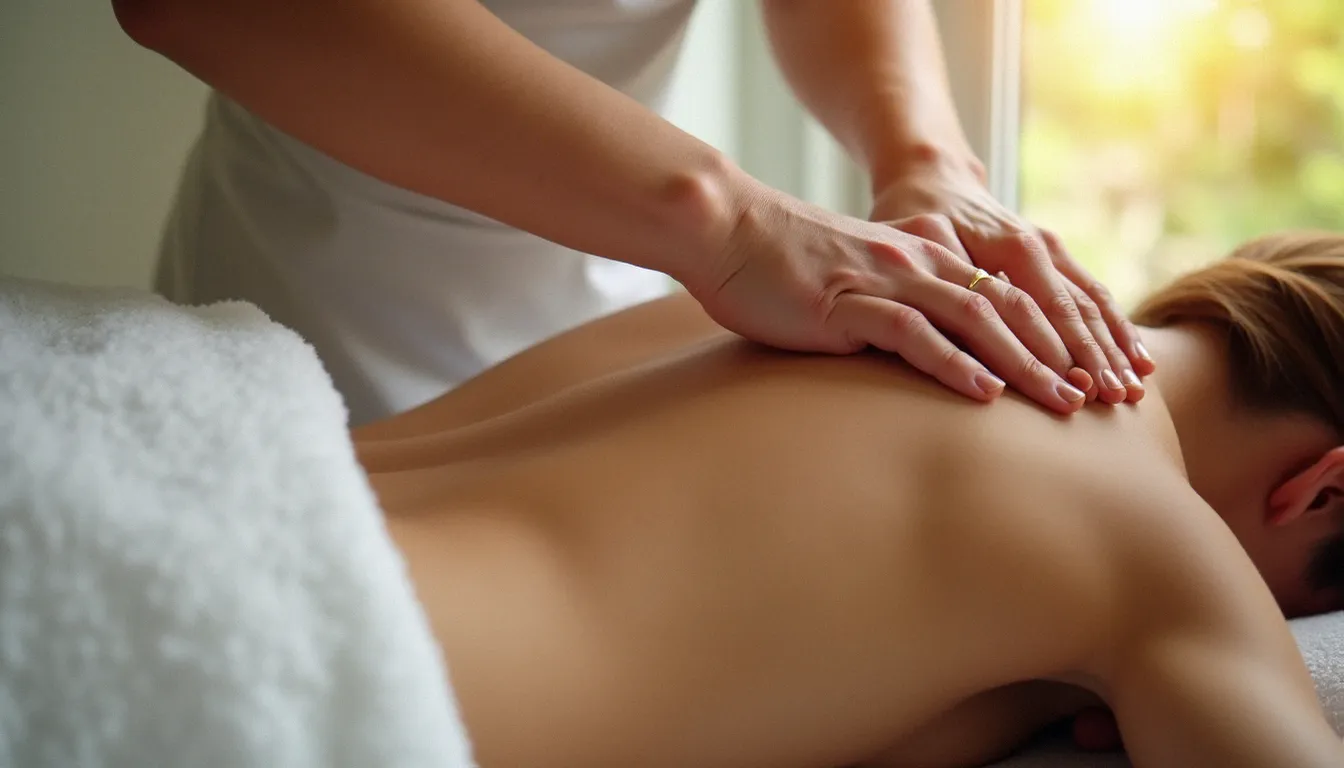 Gros plan sur les mains d'une praticienne effectuant un massage en profondeur sur les muscles paravertébraux d'un client
