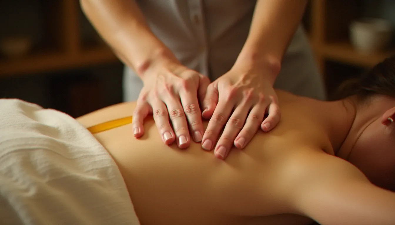 Gros plan de mains expertes effectuant un pétrissage profond des muscles para-vertébraux lors d'un massage thérapeutique du dos