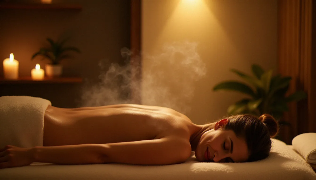 Cliente détendue recevant un soin au dos avec huile chaude dans un espace de massage à l'ambiance apaisante et lumière dorée