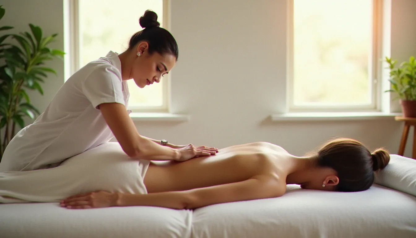 Praticienne réalisant un massage efficace pour le dos sur une cliente allongée sur une table de massage blanche dans un cabinet bien-être lumineux