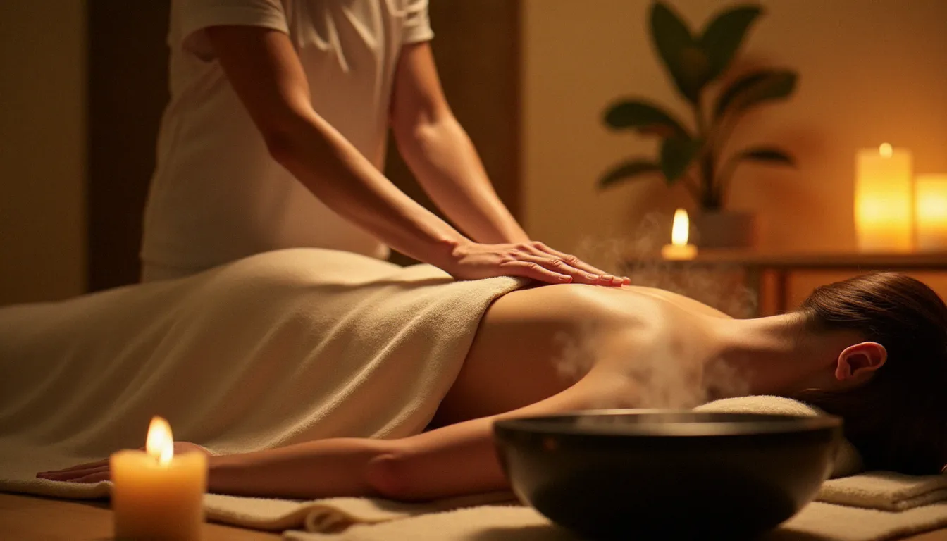Praticienne réalisant un massage guide House of Shinobi avec la technique d'ancrage des mains sur le dos d'une cliente dans un espace zen
