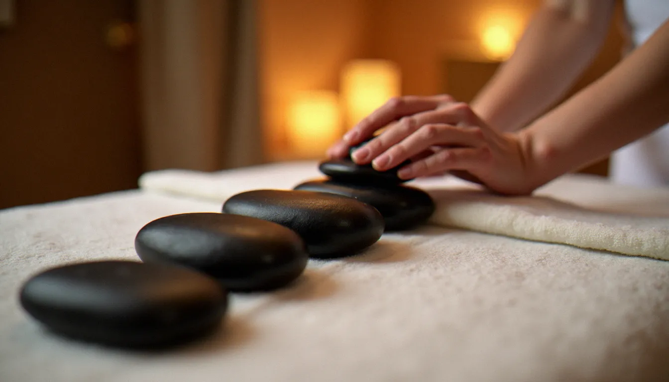 Pierres chaudes en basalte posées sur le dos d'une cliente lors d'un massage aux pierres, technique reconnue comme l'un des massages les meilleurs pour le relâchement profond