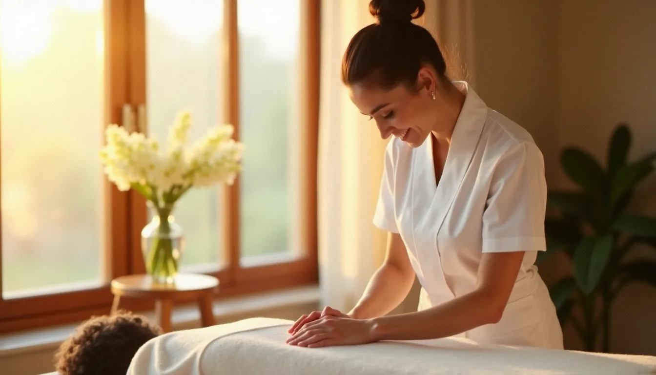 Praticienne de massage certifiée effectuant un soin personnalisé sur une cliente dans un institut bien-être parisien baigné de lumière naturelle