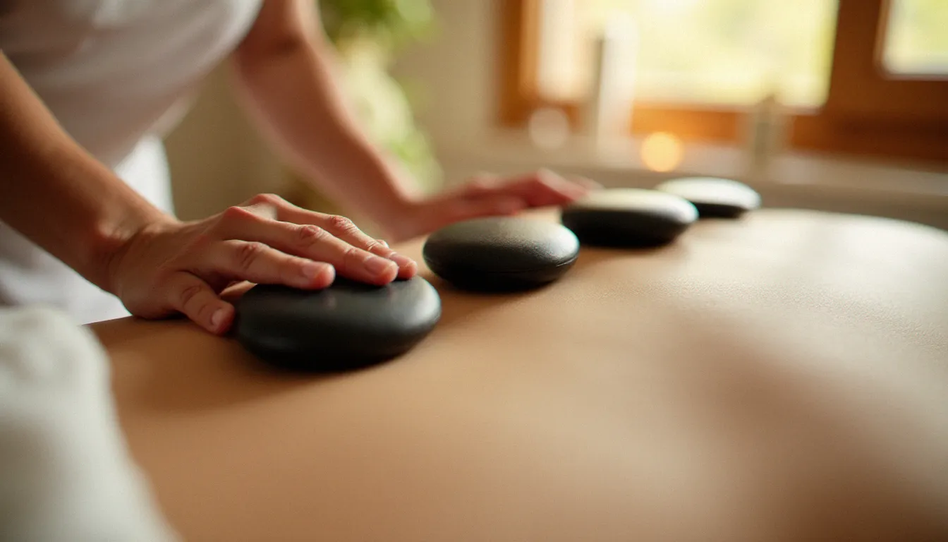 Massage aux pierres chaudes sur le dos d'une cliente, illustrant la diversité des techniques de massage disponibles