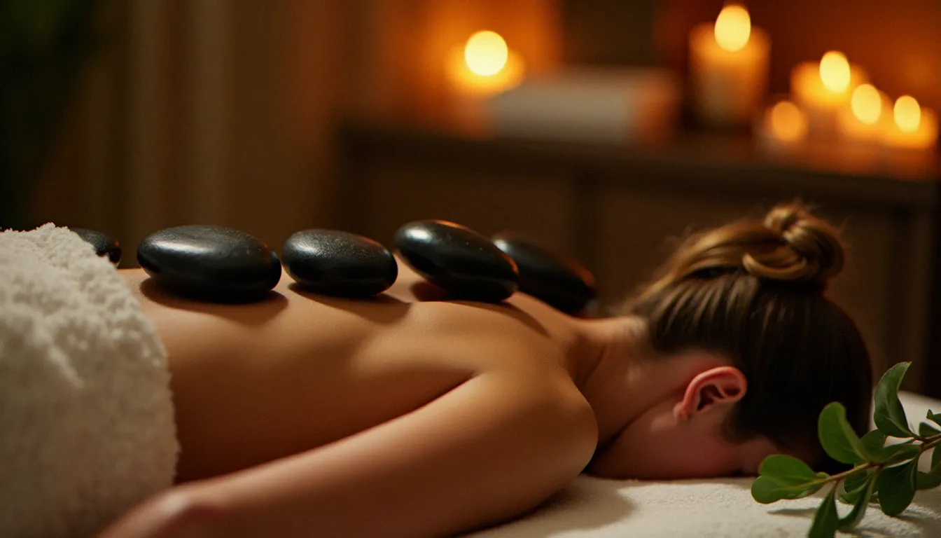 Séance de massage aux pierres chaudes basalte dans un spa parisien haut de gamme, ambiance lumineuse et apaisante évoquant les meilleurs soins bien-être à Paris