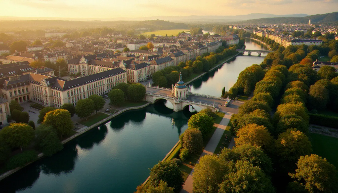 Vue aérienne de Vichy, capitale thermale française, symbole de la tradition du massage et du soin bien-être en France